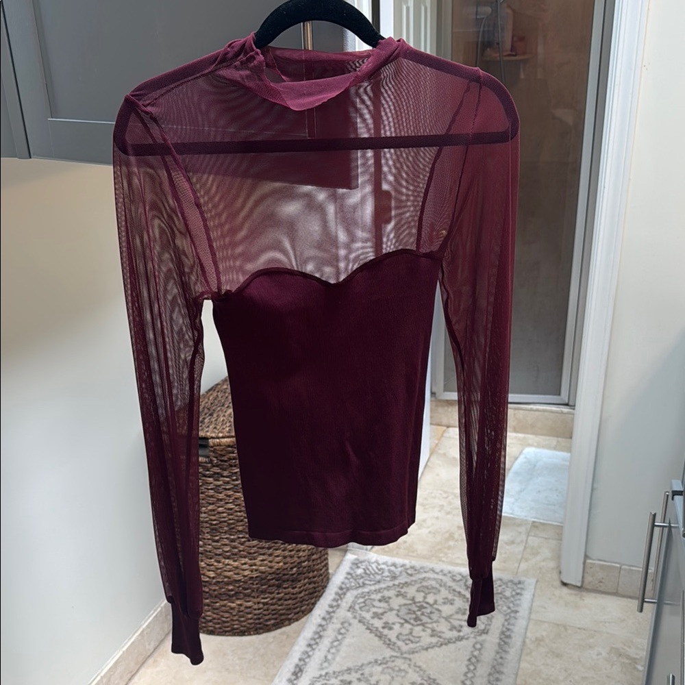 Free People Burgundy Mesh Long-Sleeve Blouse